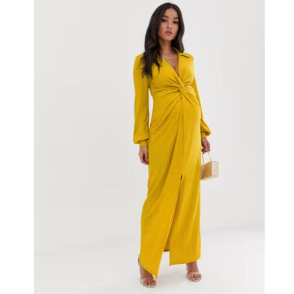 Asos Mustard Maternity Maxi Dress Long Sleeve Front Slit Size 8 Collared - Picture 2 of 7